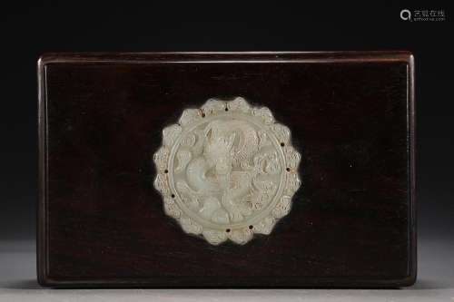 CHINESE JADE-INLAID SANDALWOOD COVERED BOX WITH CARVED '...