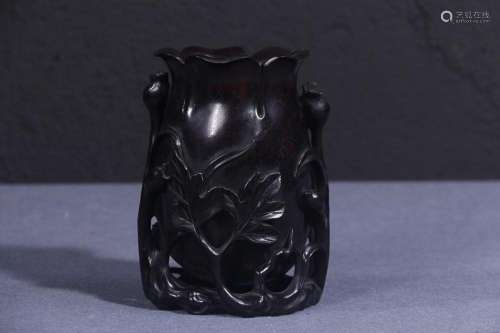 CHINESE SANDALWOOD VASE WITH CARVED 'ORCHID'
