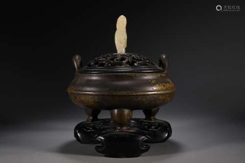 CHINESE BRONZE TWO-HANDLED AND THREE-LEGGED CENSER WITH JADE...