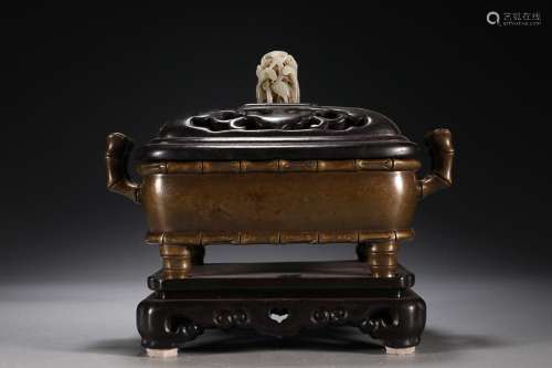 CHINESE BRONZE TWO-HANDLED CENSER WITH SHOUSHAN STONE KNOB, ...