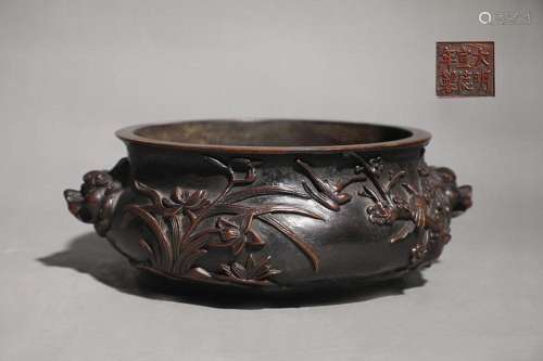 CHINESE BRONZE LION-HANDLED CENSER CAST WITH 'BIRD AND P...