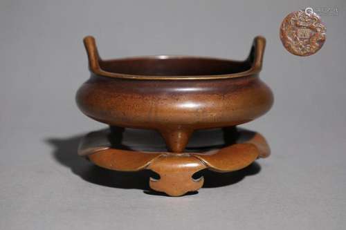 CHINESE BRONZE TWO-HANDLED CENSER ON STAND