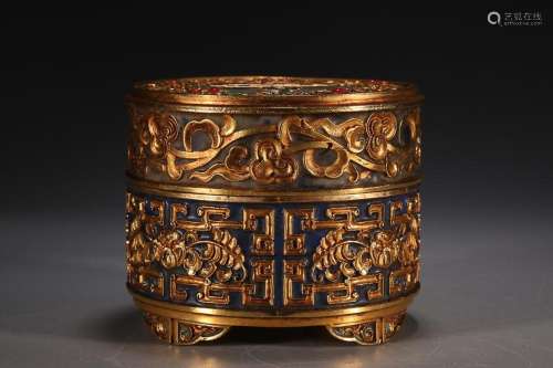 CHINESE GILT-BRONZE COVERED BOX CAST WITH 'BAT AND SHOU ...