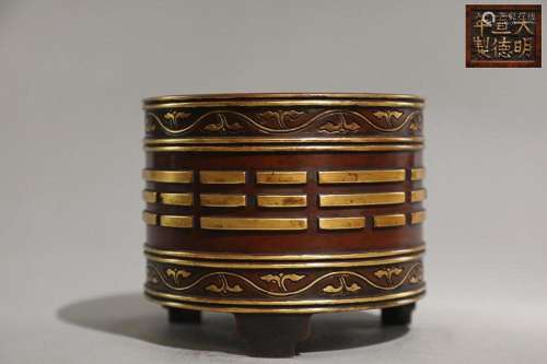 CHINESE PARCEL-GILT BRONZE CENSER CAST WITH 'EIGHT TRIGR...