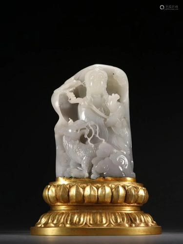 Qing Dynasty - Gilt Bronze Hetian Jade Avalokitesvara Decora...