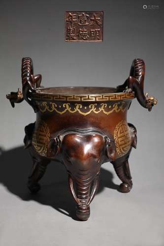 CHINESE PARCEL-GILT BRONZE CHI-DRAGON-HANDLED AND ELEPHANT-L...