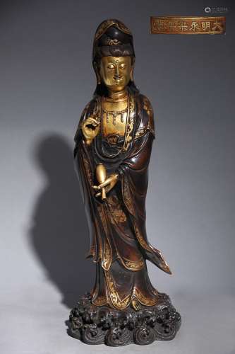 CHINESE PARCEL-GILT BRONZE FIGURE OF GUANYIN, 'MING YONG...