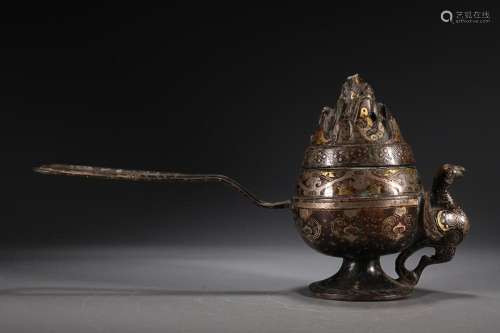 CHINESE GOLD AND SILVER-INLAID BRONZE HANDLED CENSER CAST WI...
