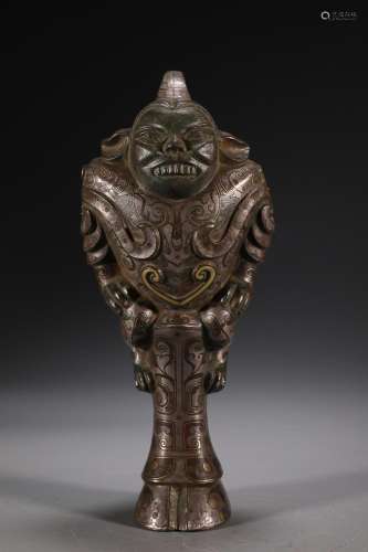 CHINESE GOLD AND SILVER-INLAID BRONZE FIGURE