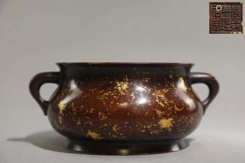 CHINESE GOLD SPLASHED BRONZE TWO-HANDLED CENSER