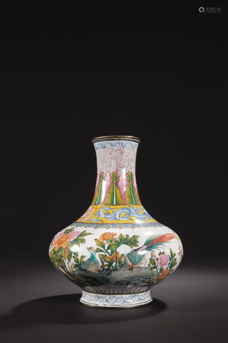 Qing Dynasty - Bronze Enamel Colored Phoenix Vase