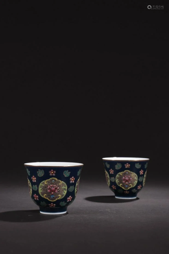 Blue Underglazed Color Decorated Floral Cup Pair