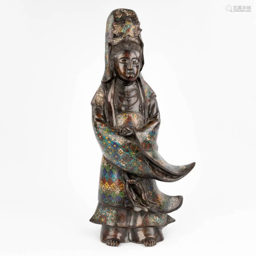 An antique Oriental Guan Yin champslevÃ© enamel statue, 18th...