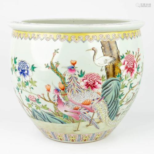 A Chinese cache-pot decorated with cranes, fauna and flora (...