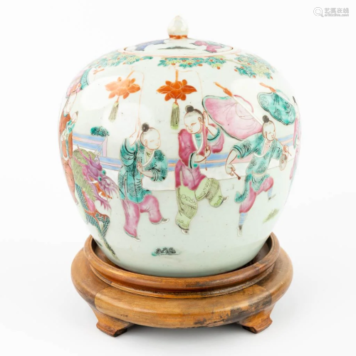 A Chinese pot with lid, 'A lady on top of a mythologica...