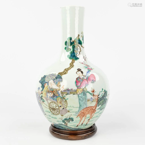 A Chinese vase, decorated with a wise man, lady and a deer, ...