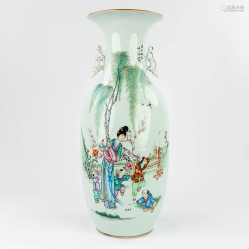 A Chinese vase decorated with a hand-painted decor of ladies...