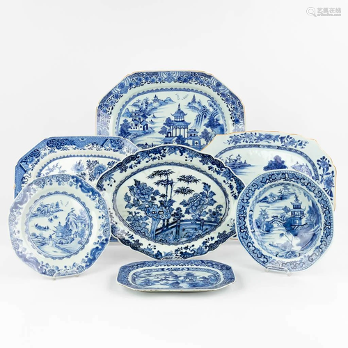 A collection of 7 Chinese plates and platters made of blue-w...