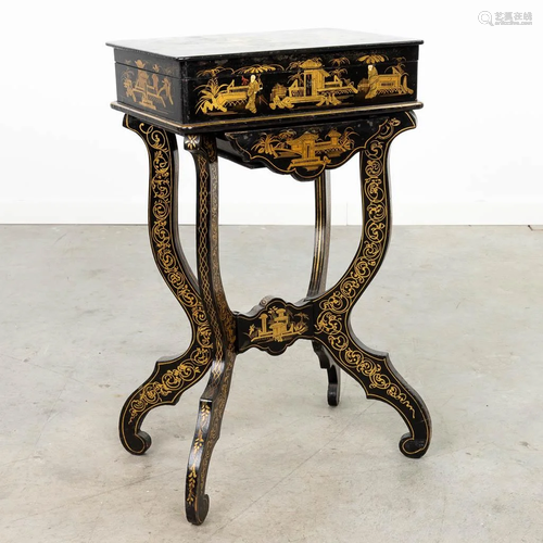 A sewing box on a stand, decorated with Chinoiserie decors. ...