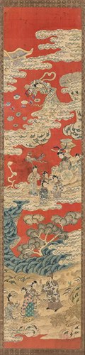 A Chinese piece of art, made of woven white and red silk, wi...