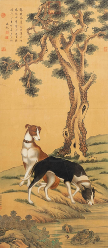 A Chinese painting 'Two Dogs in A Landscape', pain...