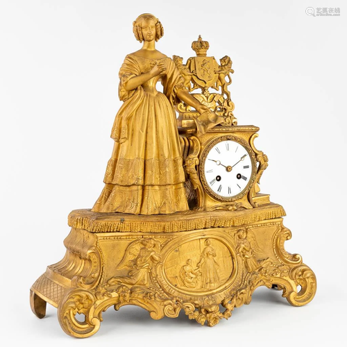 An antique mantle clock made of gilt spelter. 19th C. (44 x ...