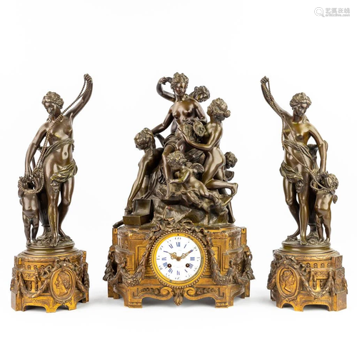 A three-piece mantle garniture clock decorated with ladies a...