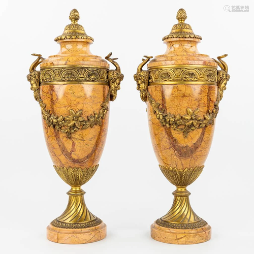 A pair of marble cassolettes mounted with gilt bronze. (H:48...