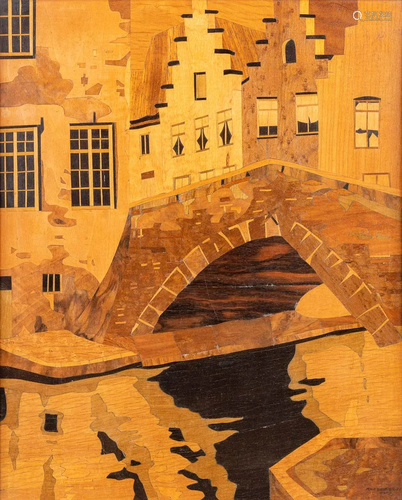 A marquetry frame 'View on Bruges', marked Van Der...