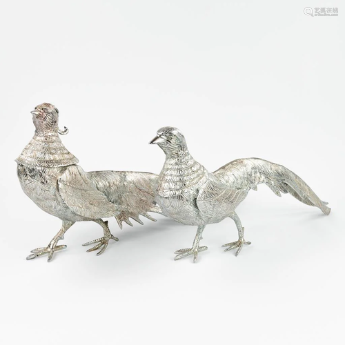 A pair of large figurines of pheasants, silver-plated. (9 x ...