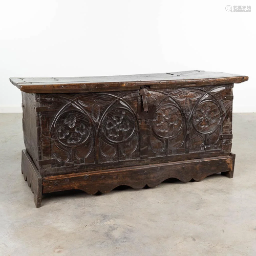 An antique chest with gothic sculptured panels. (55 x 125 x ...