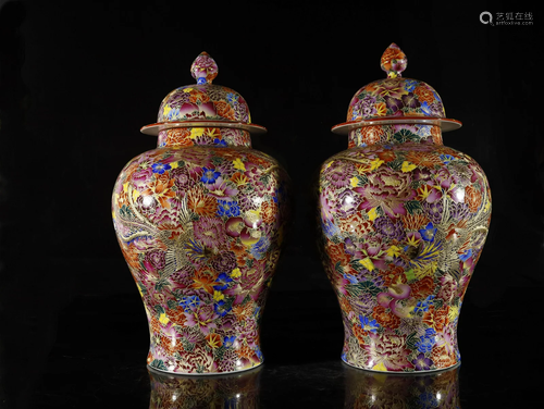 A carmine-ground 'flower and bird' jars