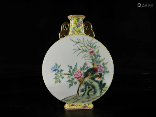 A yellow-ground famille-rose vase