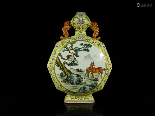 A Top Yellow Ground Enamel 'Animal' Vase