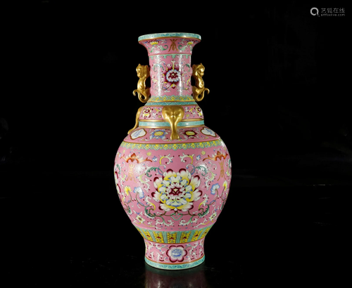 A pink-ground famille-rose painted gold vase