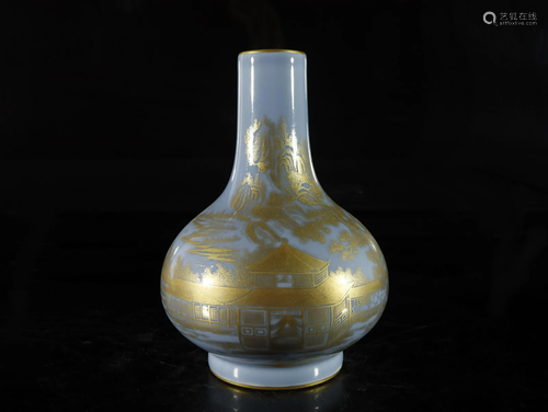 A blue glazed painted gold 'landscape' vase