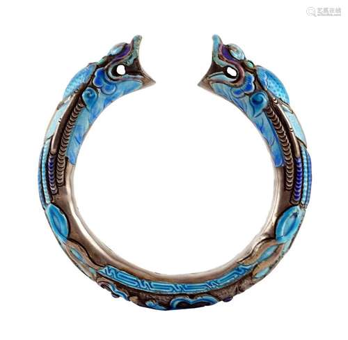 DRAGONBracelet en métal argenté et émaillé bleu turquoise, l...