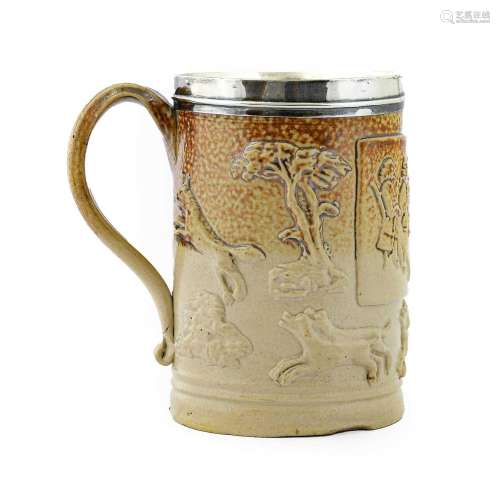 A Silver-Mounted Mortlake Salt-Glazed Stoneware Mug, the sil...