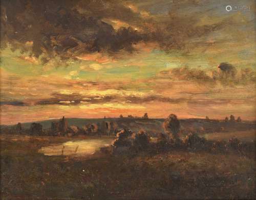 ~ T H Rowley (19th/20th century)Landscape at sunsetSigned, i...