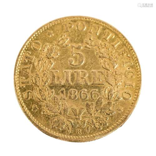 Italie /Or, Vatican - Pie IX (1866-1878), 5 Lire 1866 R, FIN...