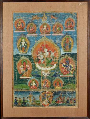Figurant, au centre, Manjushri entourée d’un panthéon bouddh...