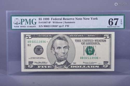 1999 USA FIVE DOLLAR BANKNOTE