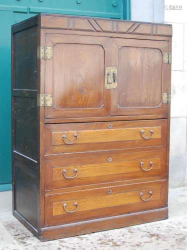 A 20th century Japanese elm and pine side cabinet, with pair...