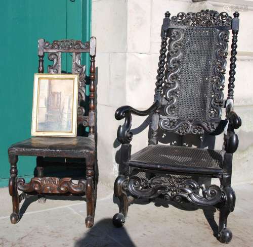 A William & Mary carved ebonised beech elbow chair, circ...