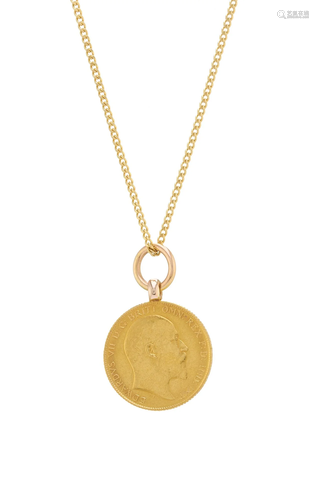 An Edward VII half sovereign coin pendan