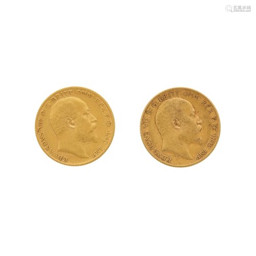 Two Edward VII gold half sovereign coins