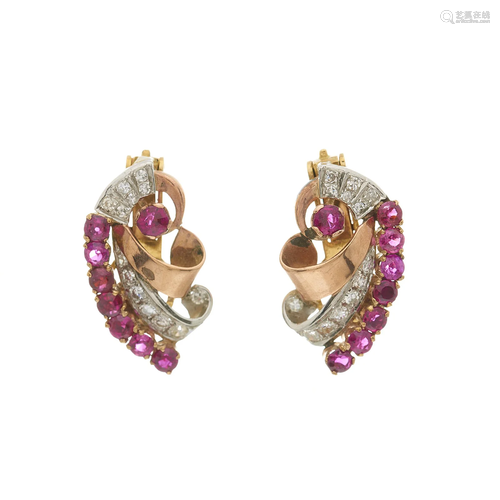 A pair of 1940s 18ct gold ruby and singl