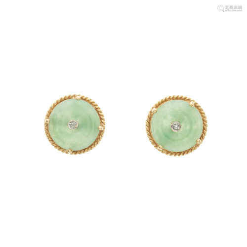 A pair of 14ct gold jade disc stud earri