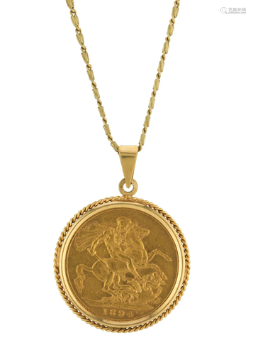 A Victorian gold sovereign coin pendant,