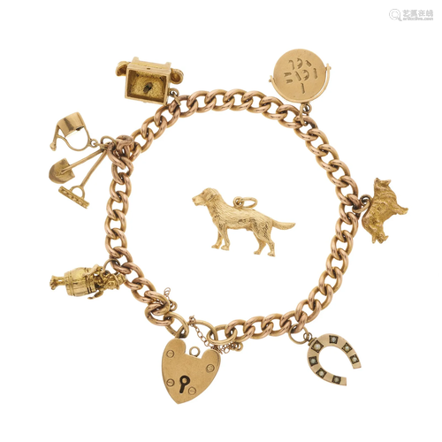 A 9ct gold curb-link charm bracelet, wit